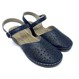 Patrizia By Spring Step Navy Blue Floral Leather Sandals Mary Janes‎ Womens 10